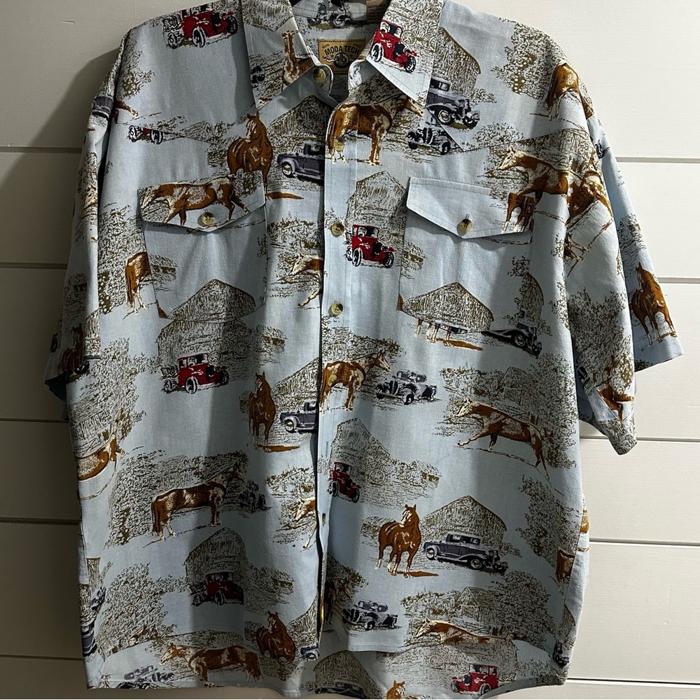 Moda Tech Mens Large Horse Farm Trucks Rodeo Short Sleeve Western Cowboy Shirt L